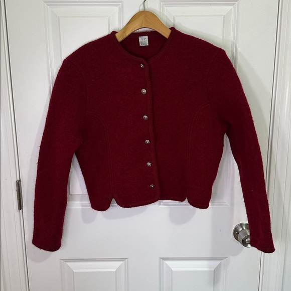 Vintage Sweaters - Vintage 100% Wool Cropped Cardigan – Deep Red / Burgundy (Size 7/8)